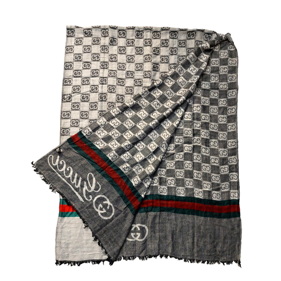 Gucci Black Gray GG Logo Print Red & Green Stripe Cashmere Silk Scarf Pre-owned - Picture 5 of 16